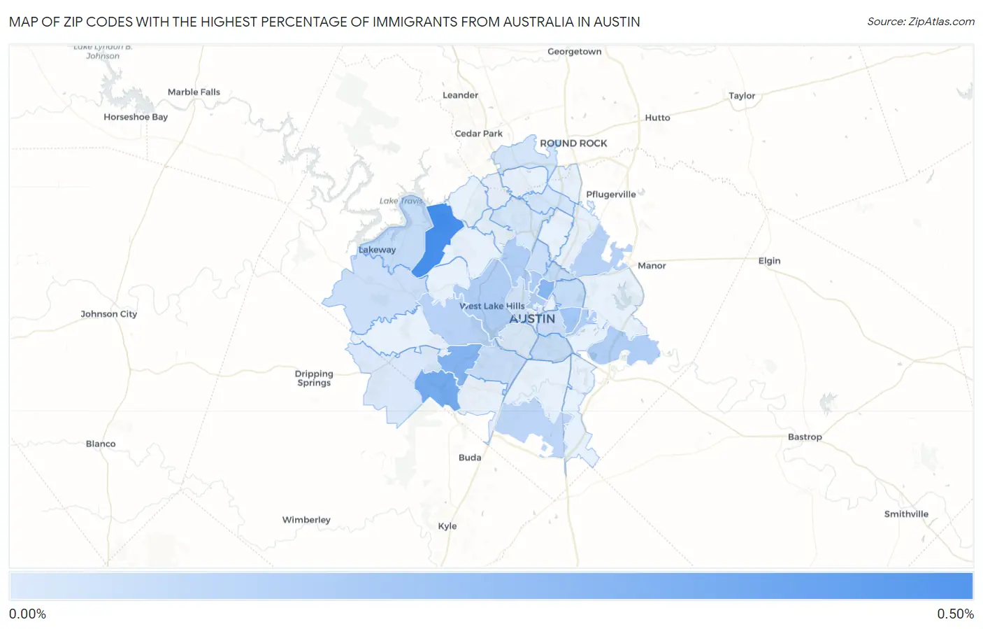 Zip Codes with the Highest Percentage of Immigrants from Australia in Austin Map