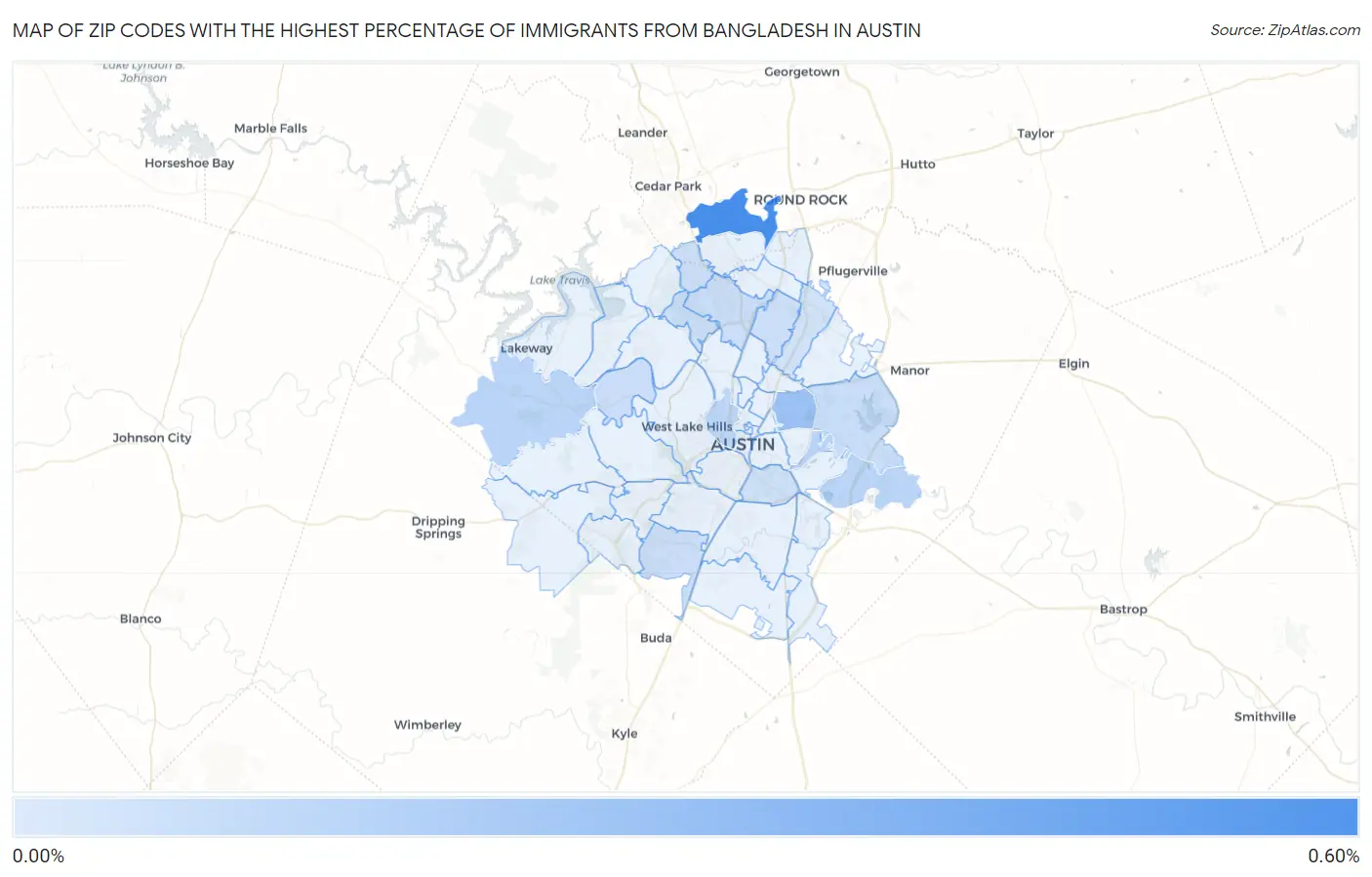 Zip Codes with the Highest Percentage of Immigrants from Bangladesh in Austin Map