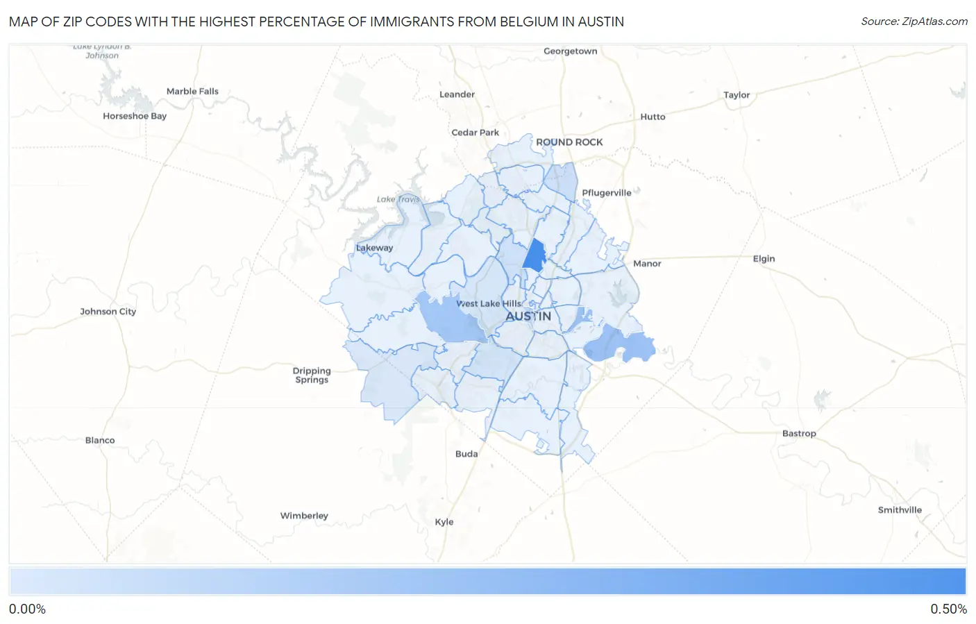 Zip Codes with the Highest Percentage of Immigrants from Belgium in Austin Map