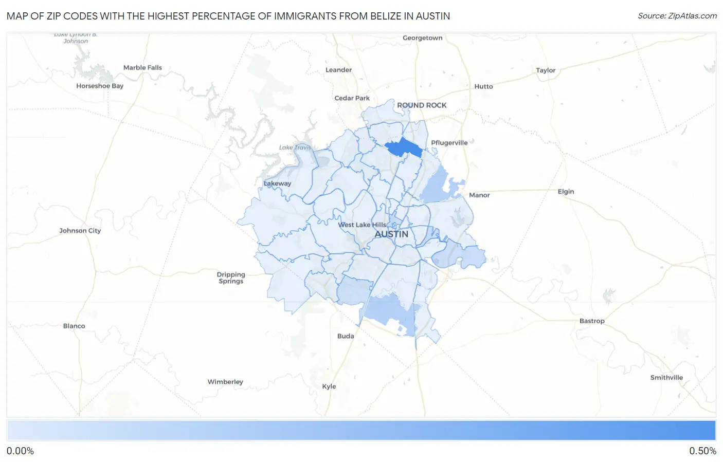Zip Codes with the Highest Percentage of Immigrants from Belize in Austin Map