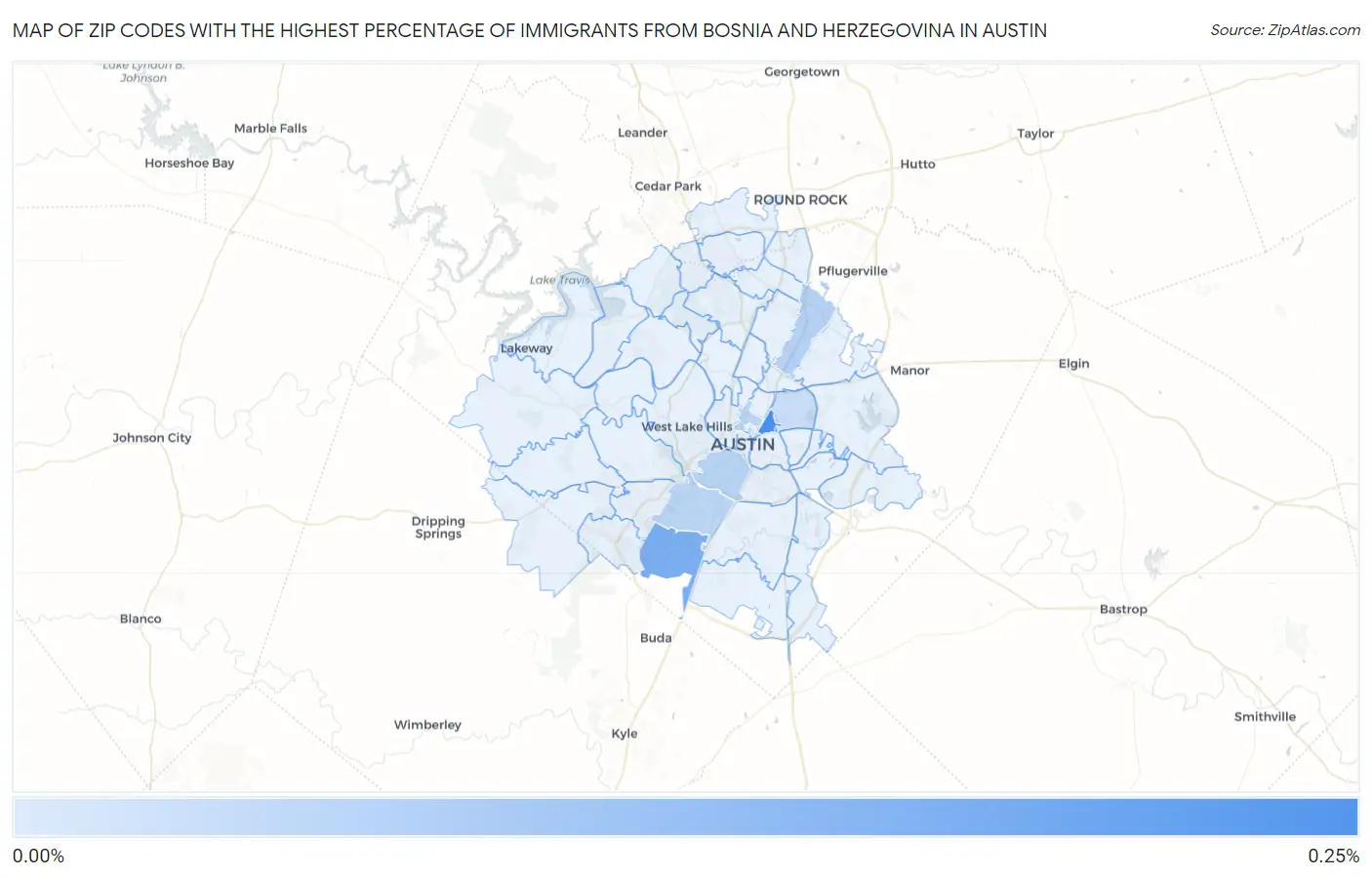 Zip Codes with the Highest Percentage of Immigrants from Bosnia and Herzegovina in Austin Map