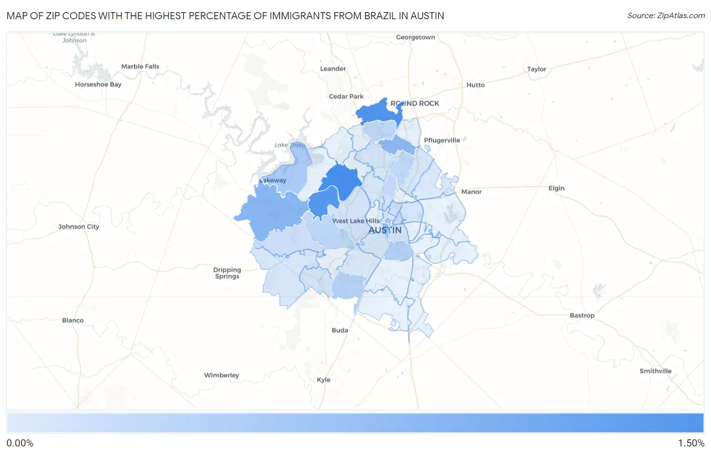 Zip Codes with the Highest Percentage of Immigrants from Brazil in Austin Map
