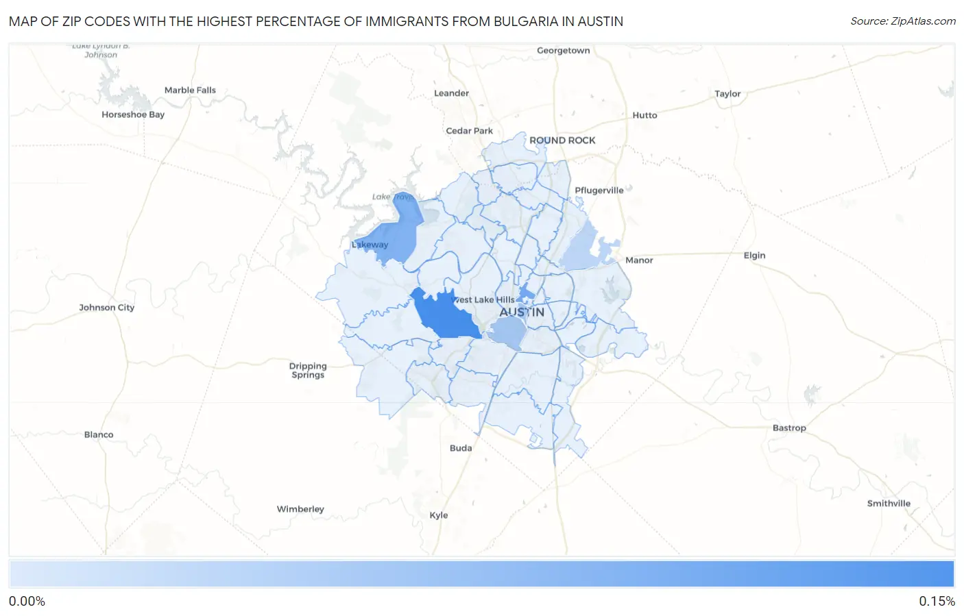 Zip Codes with the Highest Percentage of Immigrants from Bulgaria in Austin Map