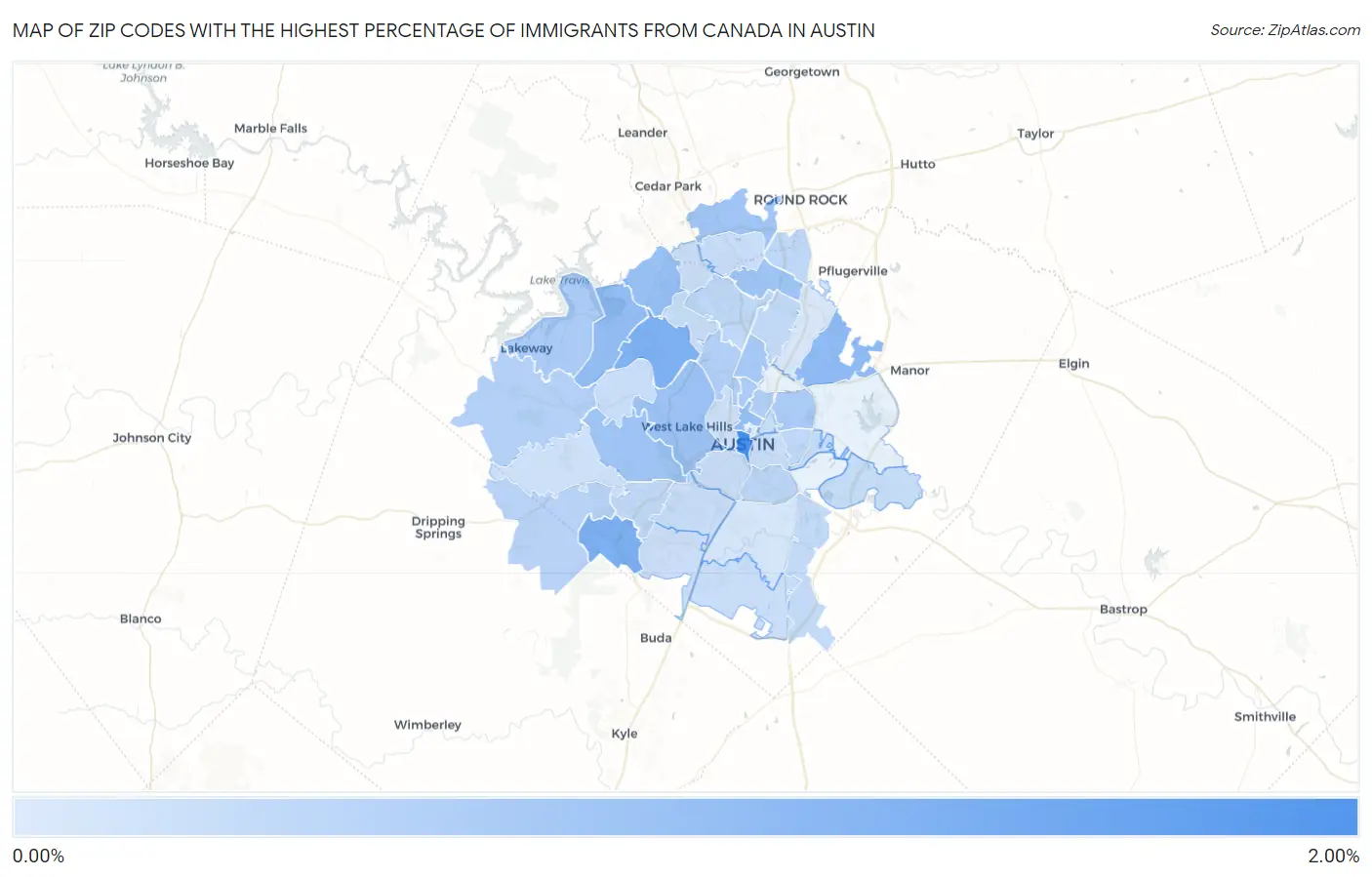 Zip Codes with the Highest Percentage of Immigrants from Canada in Austin Map