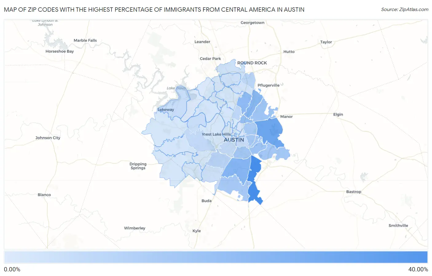 Zip Codes with the Highest Percentage of Immigrants from Central America in Austin Map