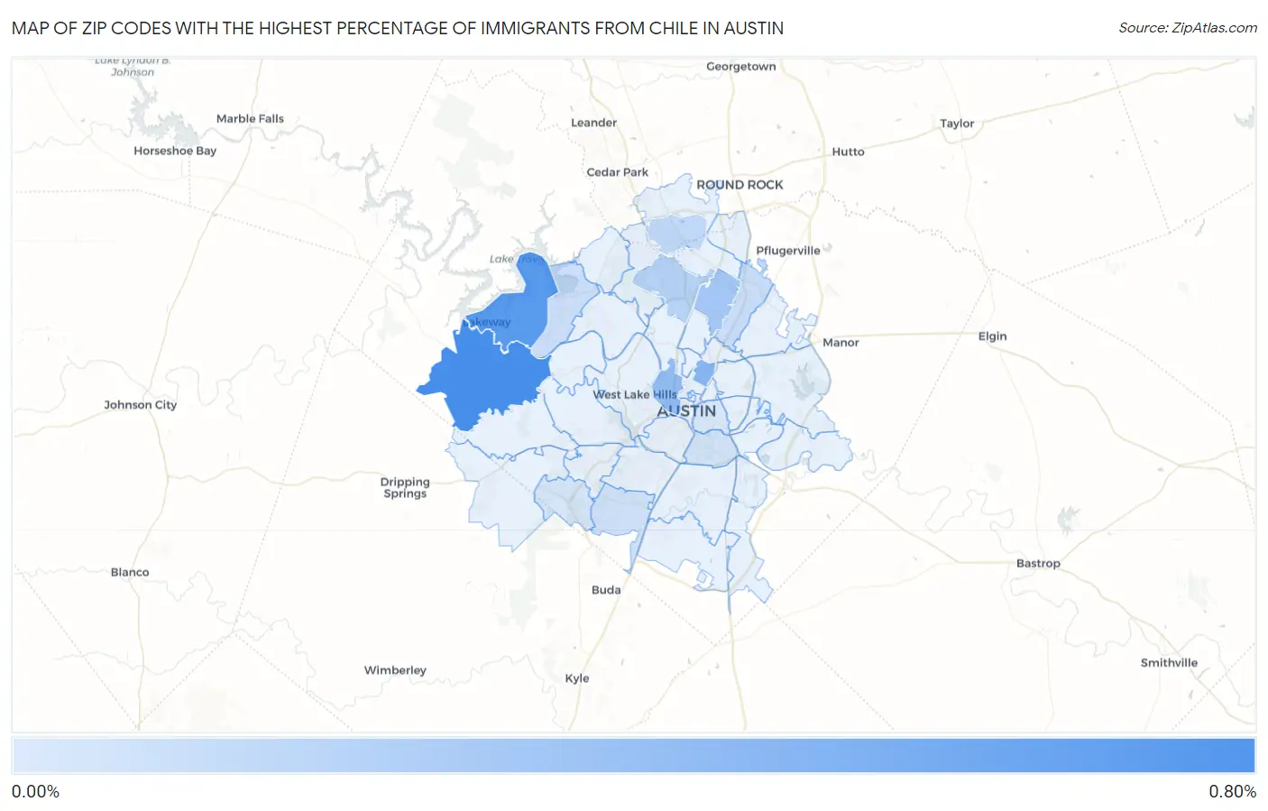 Zip Codes with the Highest Percentage of Immigrants from Chile in Austin Map