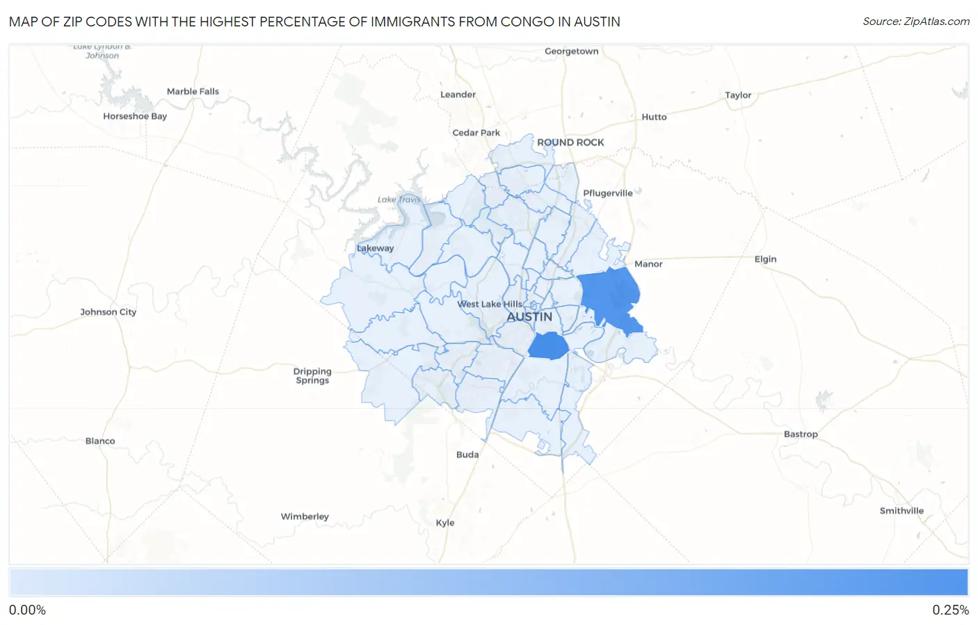 Zip Codes with the Highest Percentage of Immigrants from Congo in Austin Map