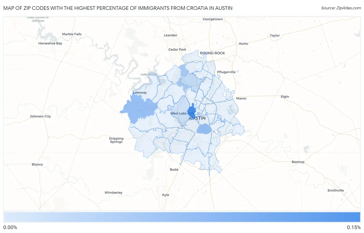 Zip Codes with the Highest Percentage of Immigrants from Croatia in Austin Map