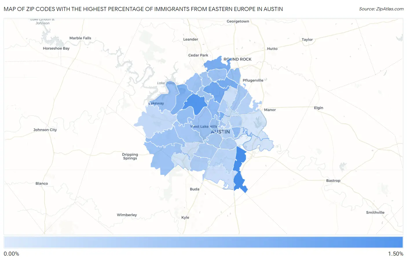 Zip Codes with the Highest Percentage of Immigrants from Eastern Europe in Austin Map