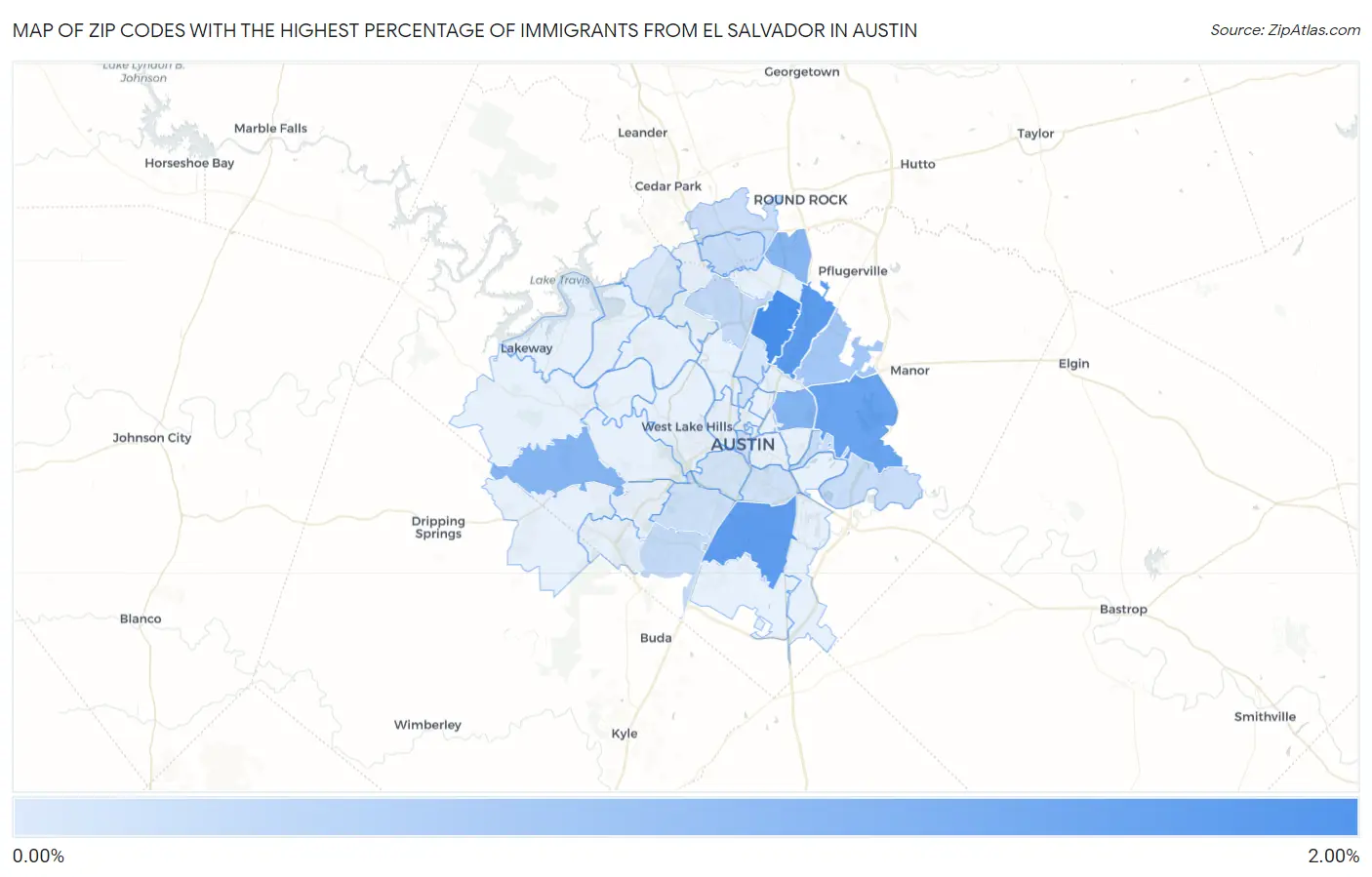 Zip Codes with the Highest Percentage of Immigrants from El Salvador in Austin Map