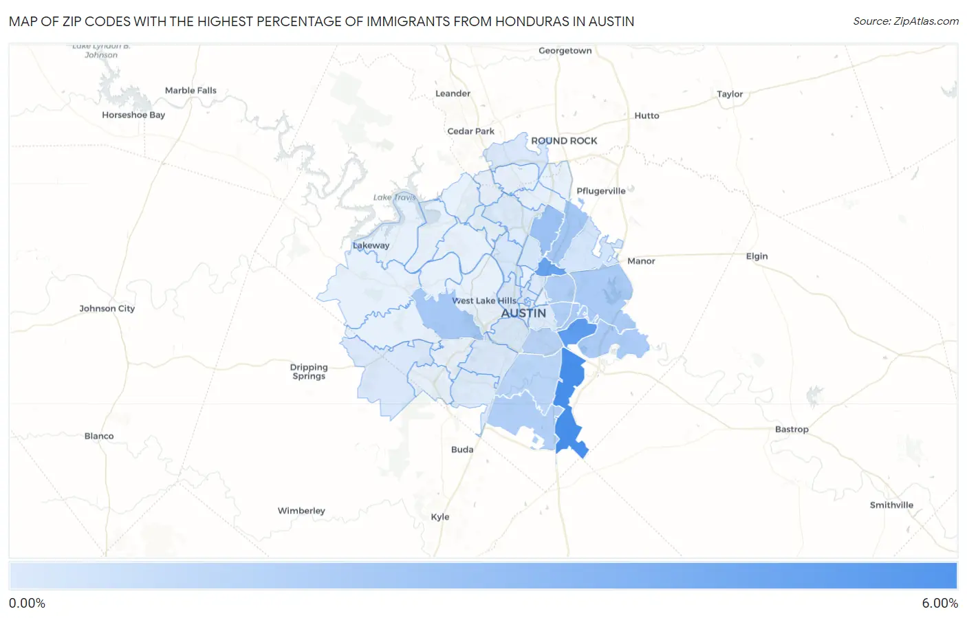 Zip Codes with the Highest Percentage of Immigrants from Honduras in Austin Map