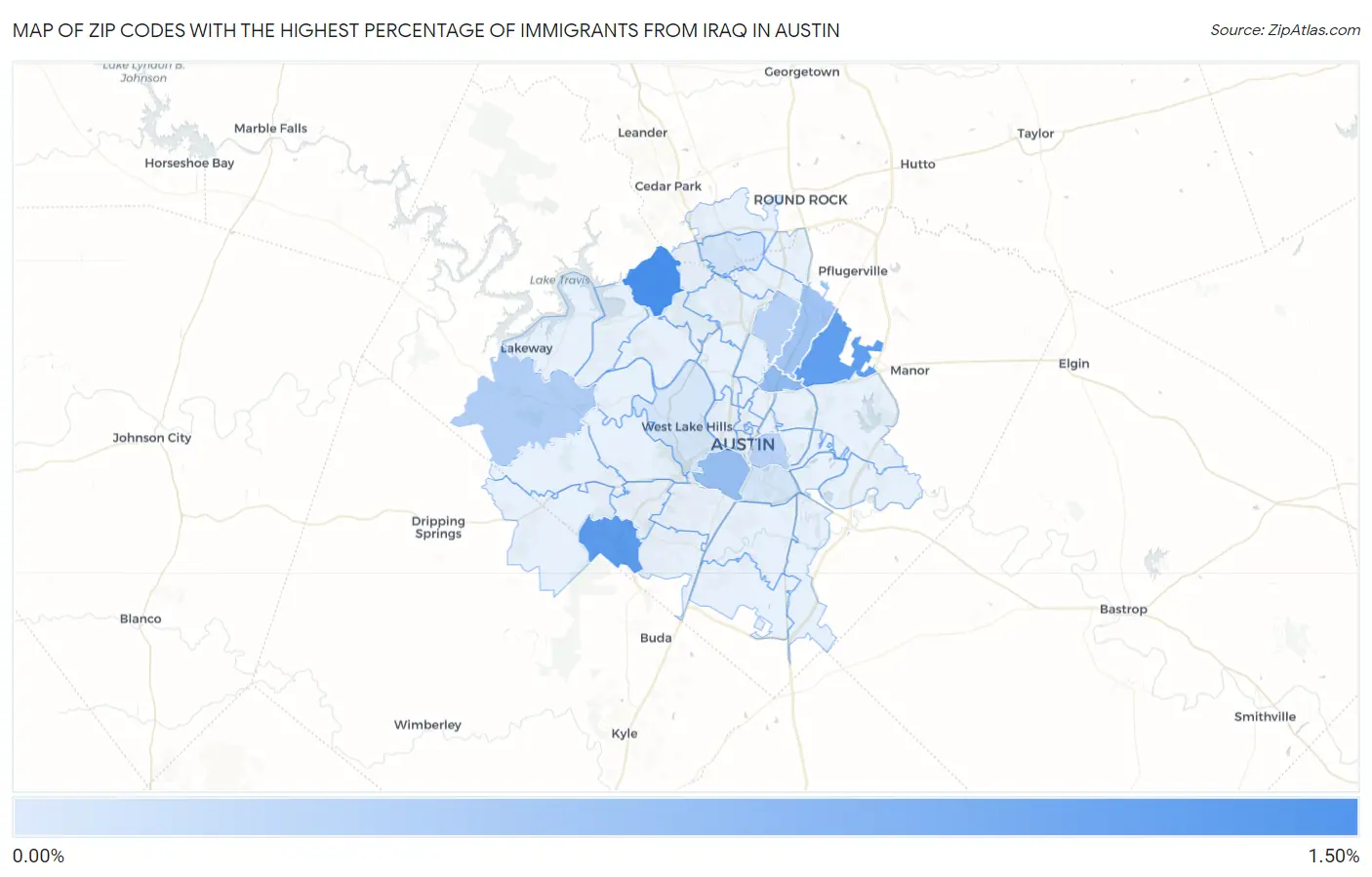 Zip Codes with the Highest Percentage of Immigrants from Iraq in Austin Map