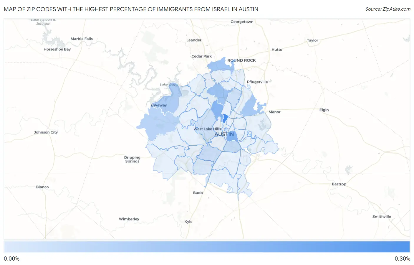 Zip Codes with the Highest Percentage of Immigrants from Israel in Austin Map