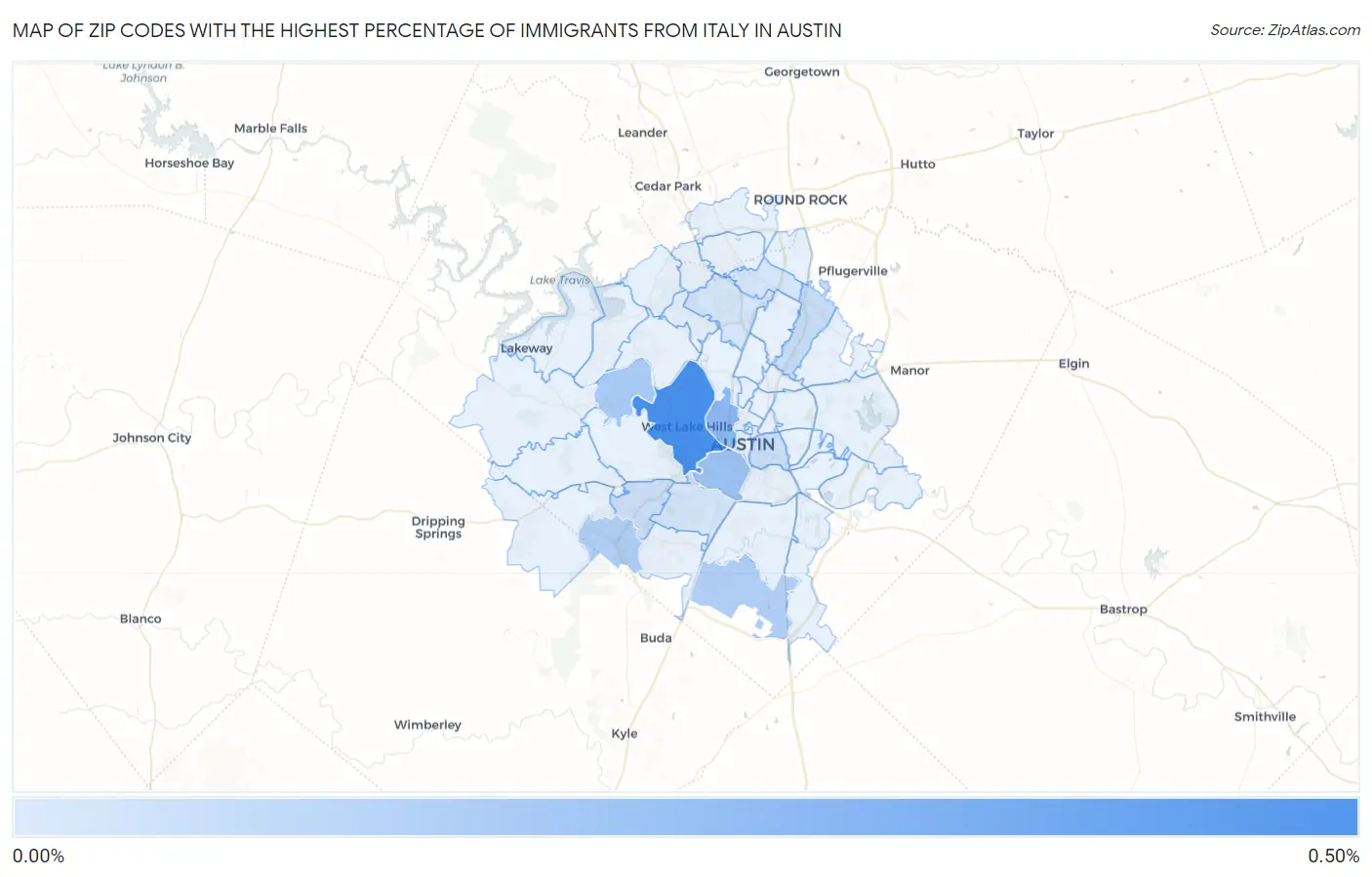 Zip Codes with the Highest Percentage of Immigrants from Italy in Austin Map