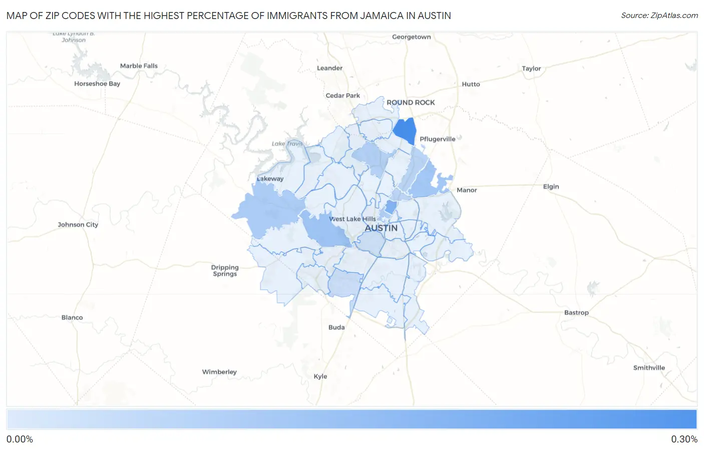 Zip Codes with the Highest Percentage of Immigrants from Jamaica in Austin Map