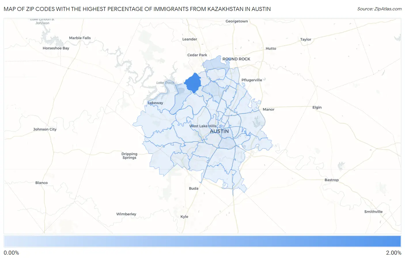 Zip Codes with the Highest Percentage of Immigrants from Kazakhstan in Austin Map