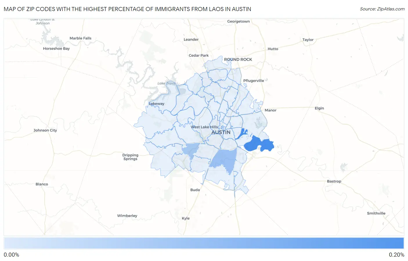 Zip Codes with the Highest Percentage of Immigrants from Laos in Austin Map