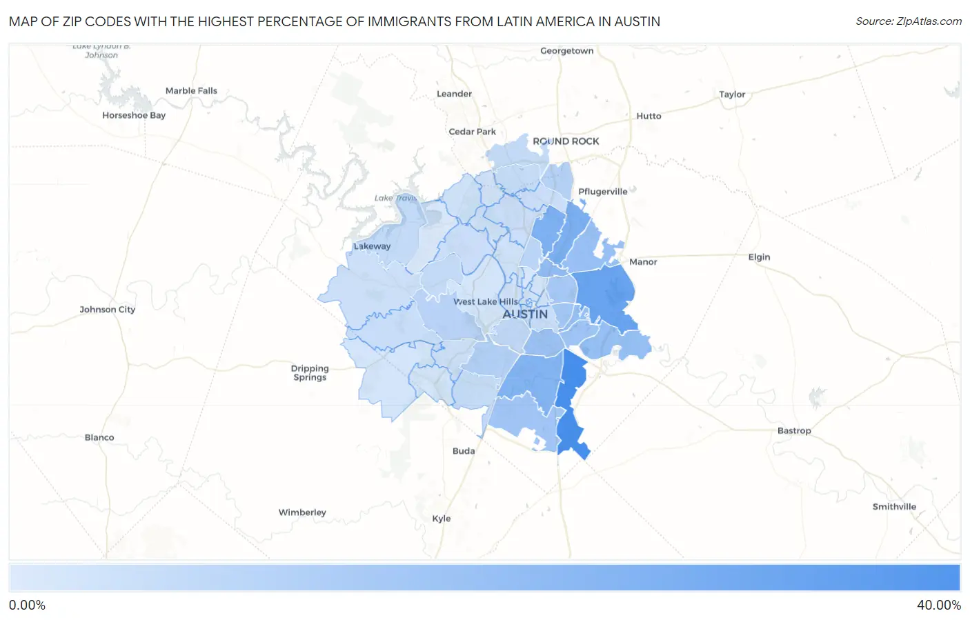 Zip Codes with the Highest Percentage of Immigrants from Latin America in Austin Map