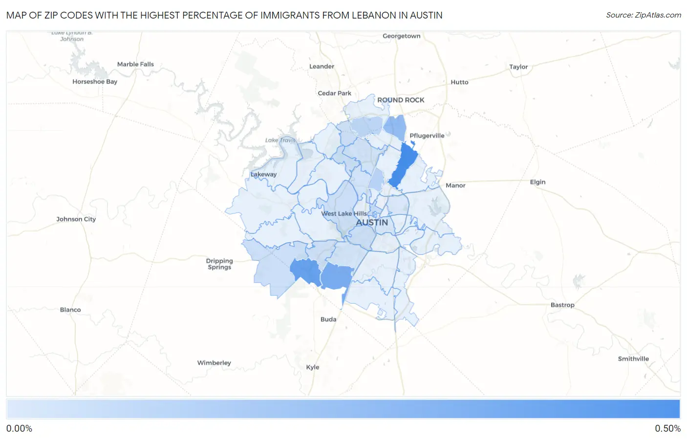 Zip Codes with the Highest Percentage of Immigrants from Lebanon in Austin Map