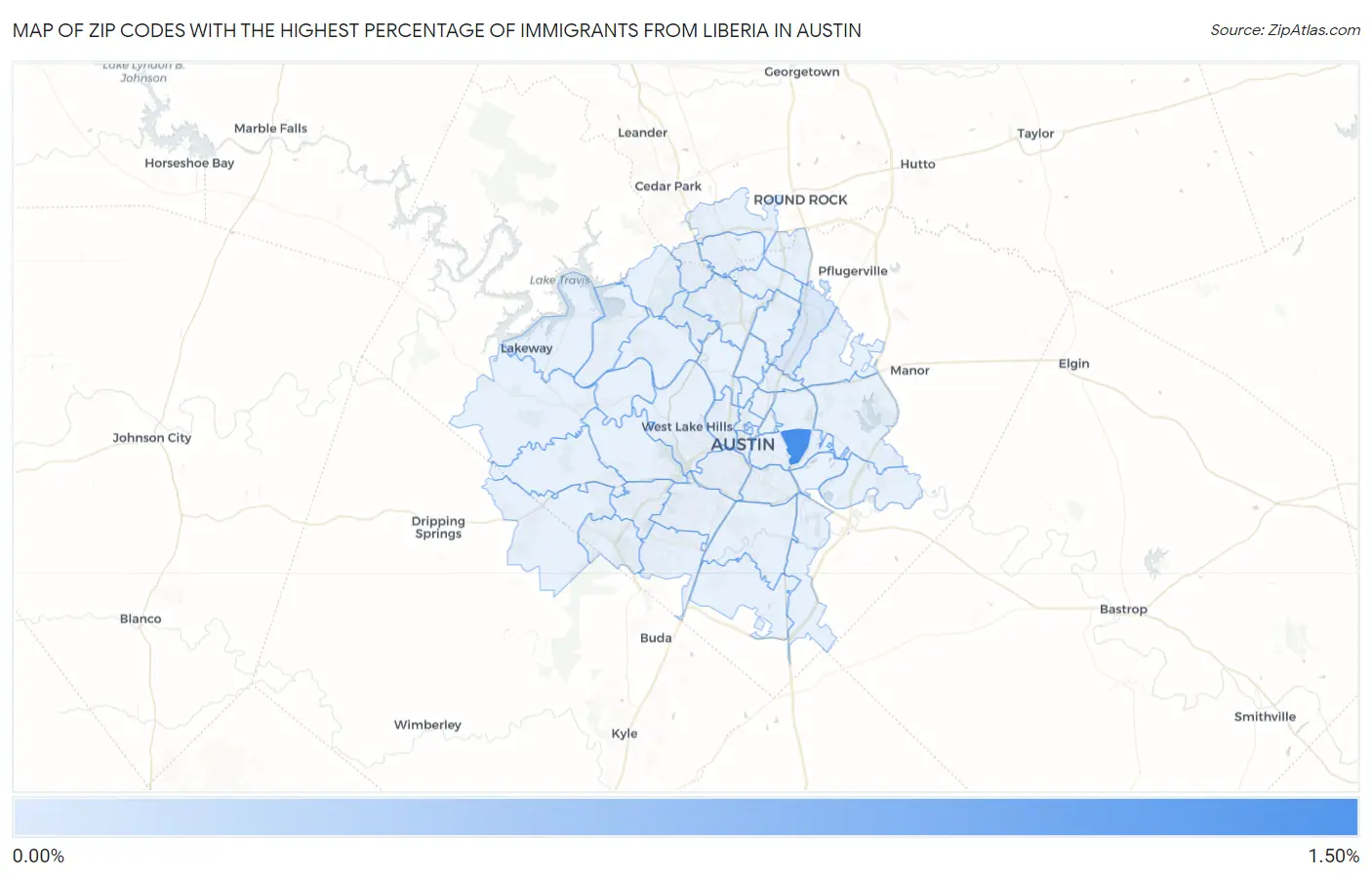 Zip Codes with the Highest Percentage of Immigrants from Liberia in Austin Map
