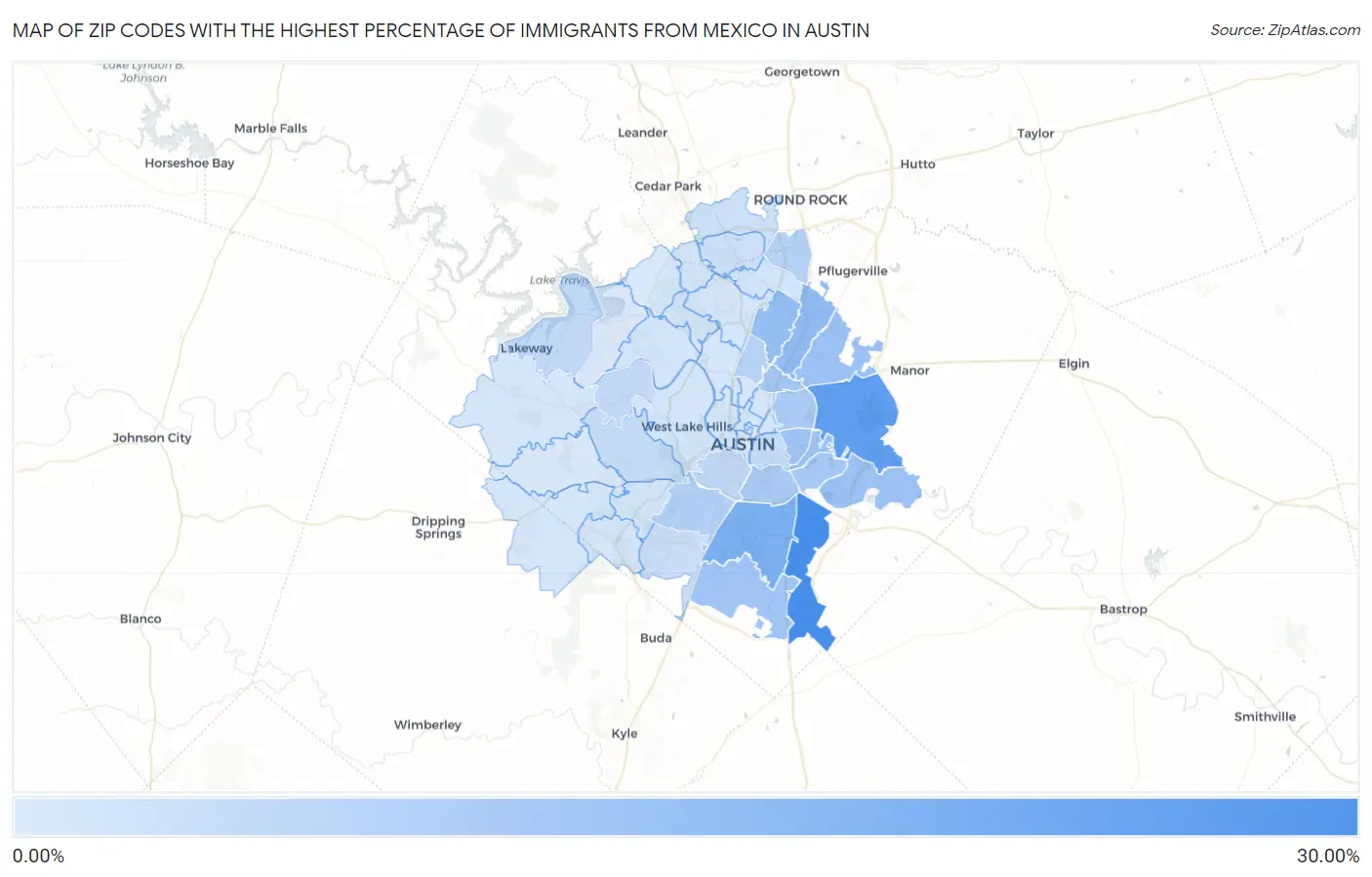 Zip Codes with the Highest Percentage of Immigrants from Mexico in Austin Map