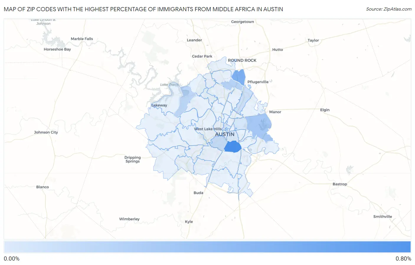 Zip Codes with the Highest Percentage of Immigrants from Middle Africa in Austin Map