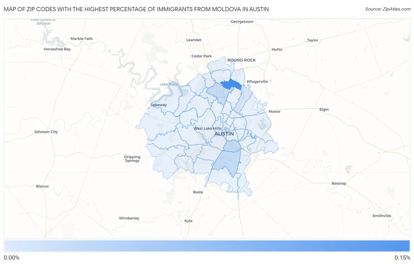 Zip Codes with the Highest Percentage of Immigrants from Moldova in Austin Map
