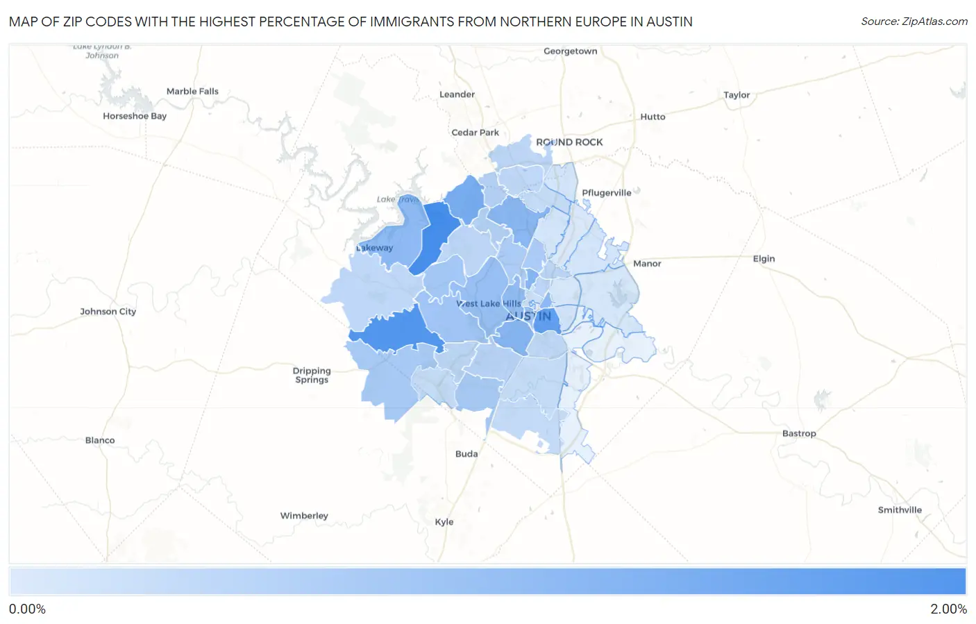Zip Codes with the Highest Percentage of Immigrants from Northern Europe in Austin Map