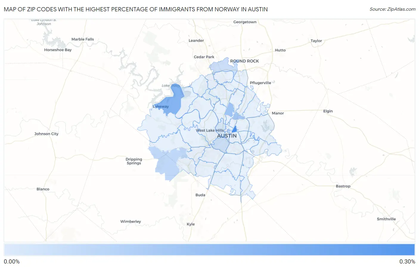 Zip Codes with the Highest Percentage of Immigrants from Norway in Austin Map