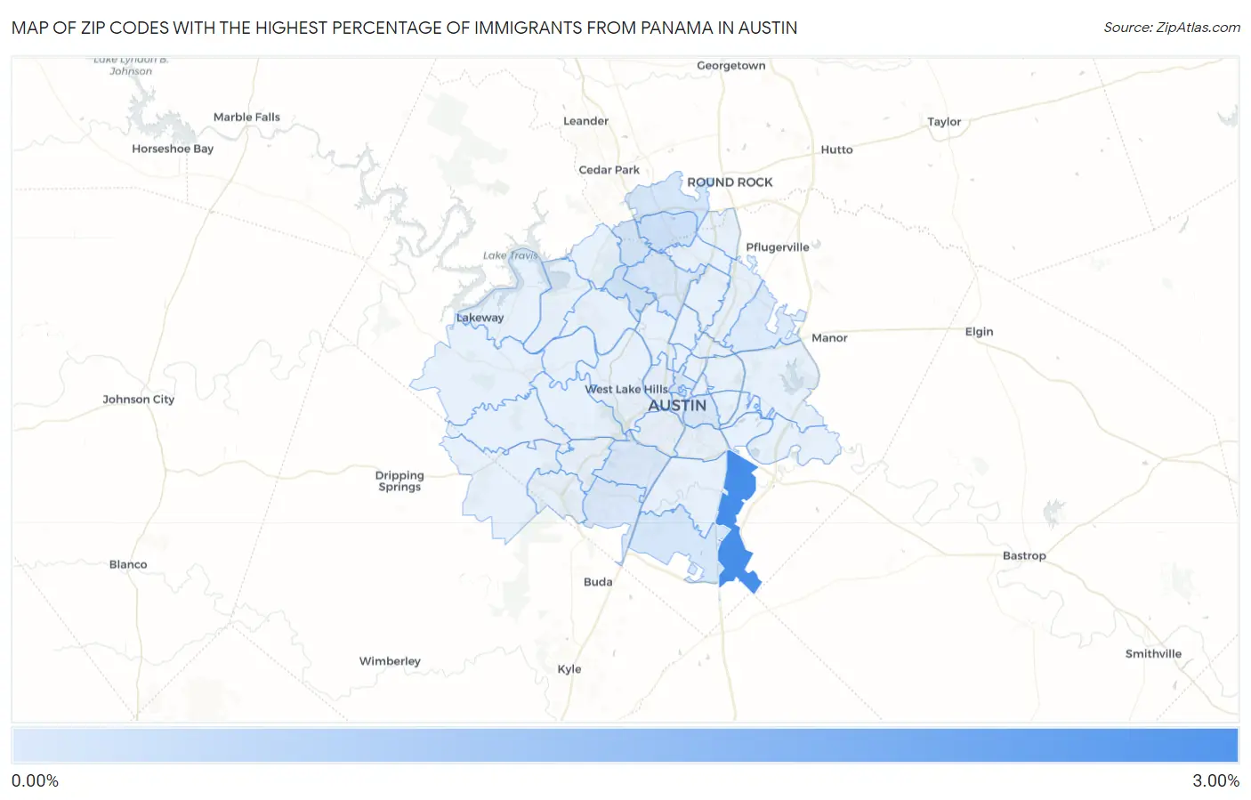 Zip Codes with the Highest Percentage of Immigrants from Panama in Austin Map