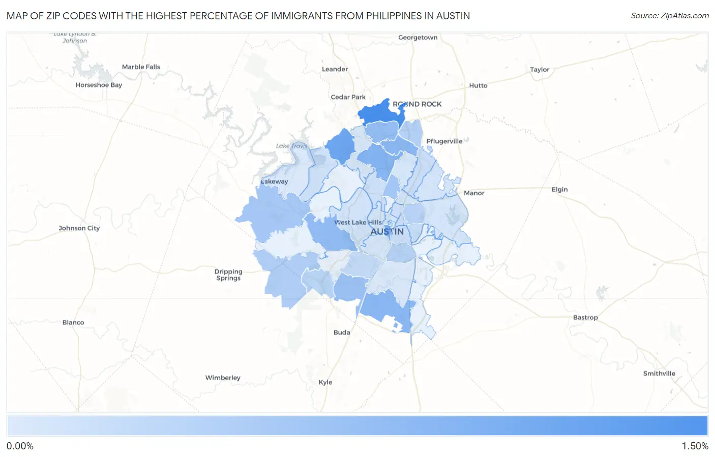 Zip Codes with the Highest Percentage of Immigrants from Philippines in Austin Map