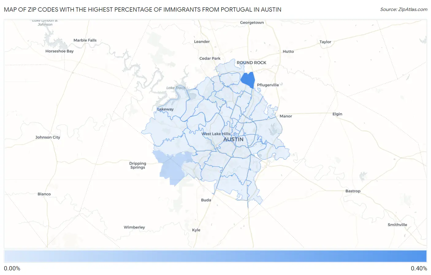 Zip Codes with the Highest Percentage of Immigrants from Portugal in Austin Map