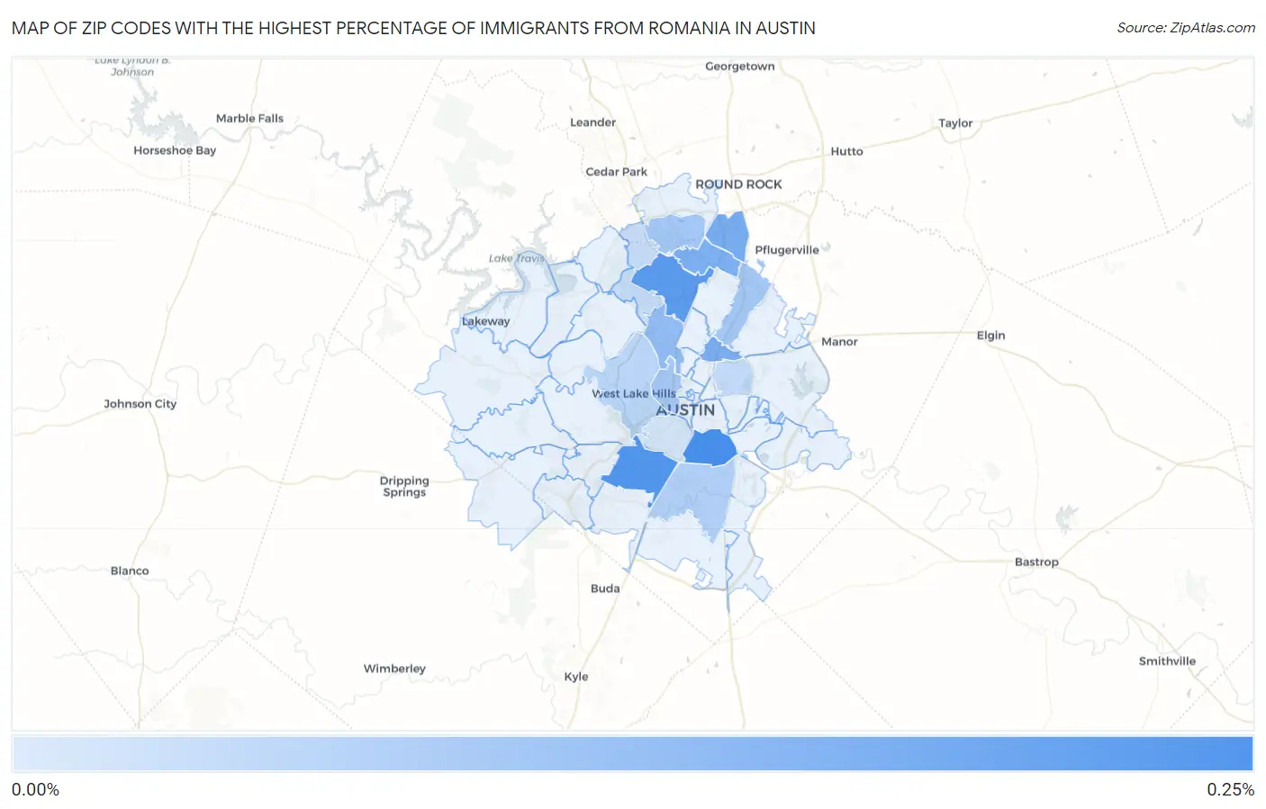 Zip Codes with the Highest Percentage of Immigrants from Romania in Austin Map