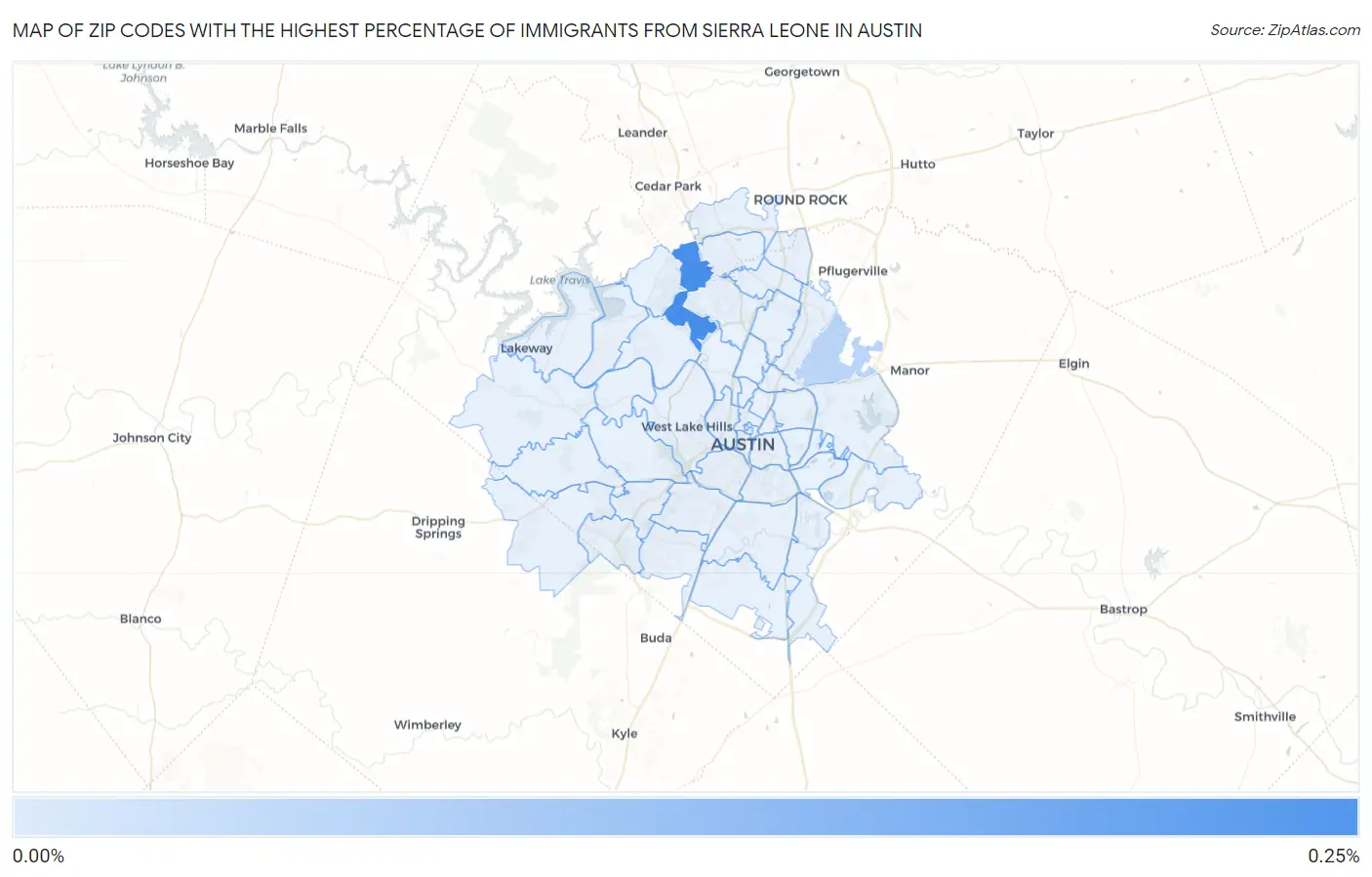 Zip Codes with the Highest Percentage of Immigrants from Sierra Leone in Austin Map