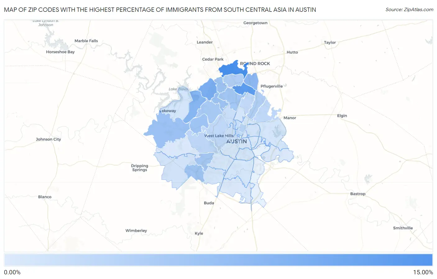 Zip Codes with the Highest Percentage of Immigrants from South Central Asia in Austin Map