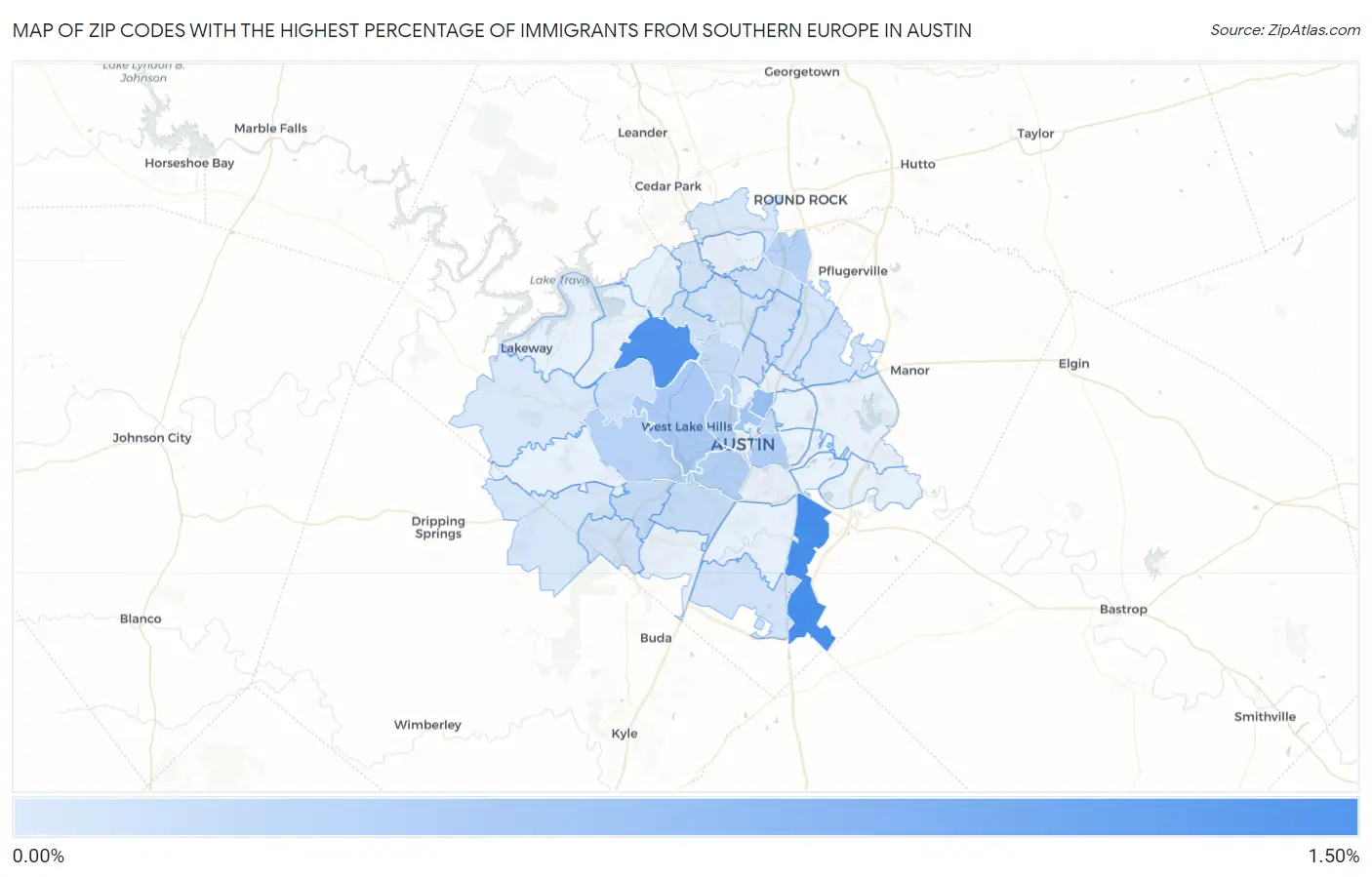 Zip Codes with the Highest Percentage of Immigrants from Southern Europe in Austin Map