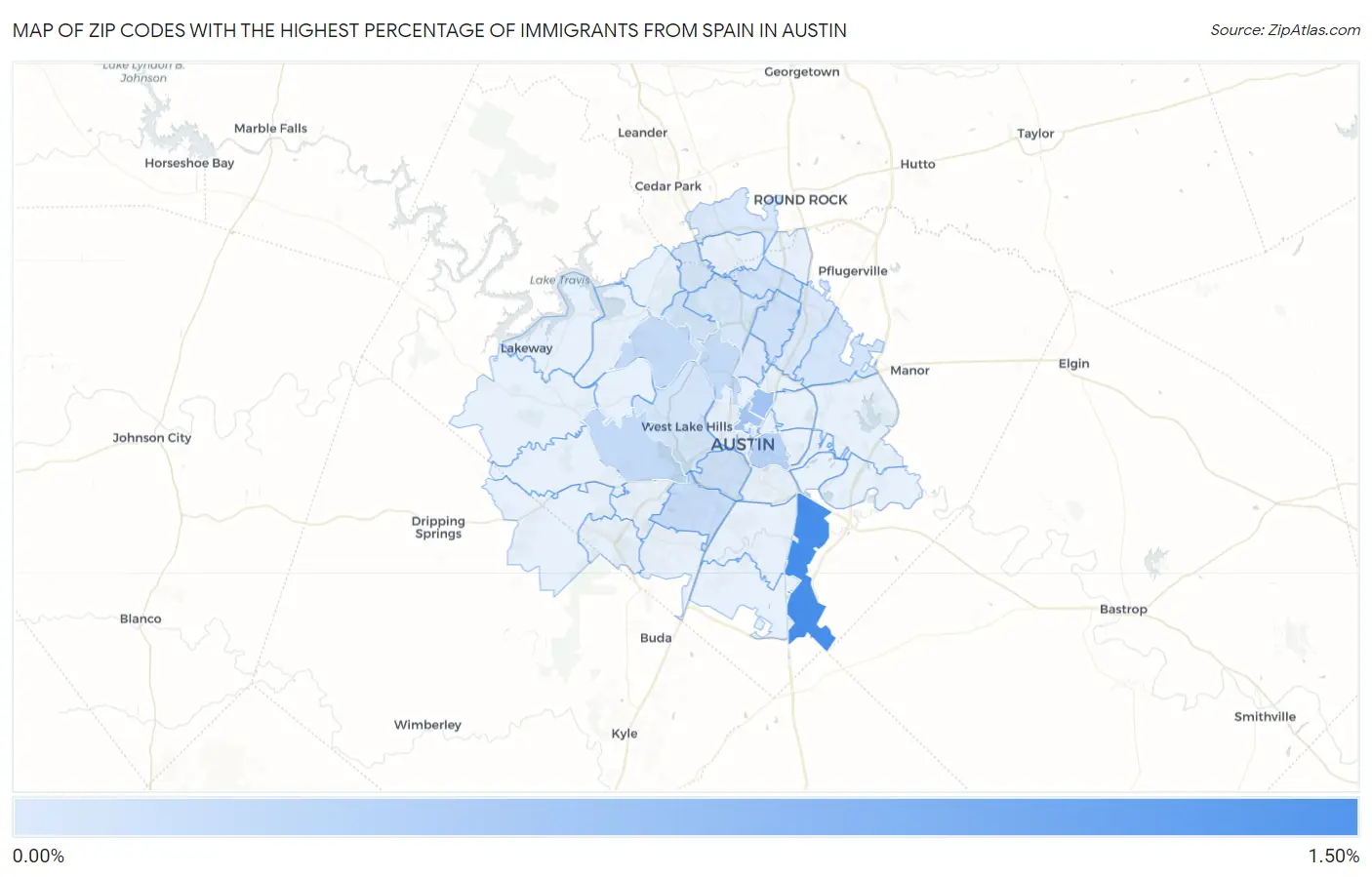 Zip Codes with the Highest Percentage of Immigrants from Spain in Austin Map