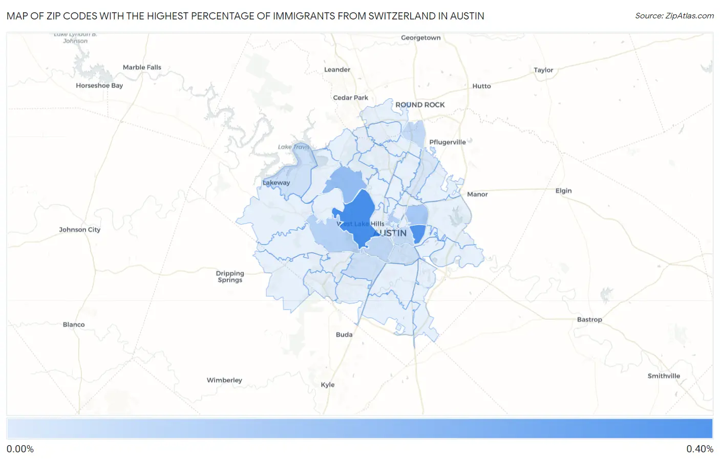 Zip Codes with the Highest Percentage of Immigrants from Switzerland in Austin Map