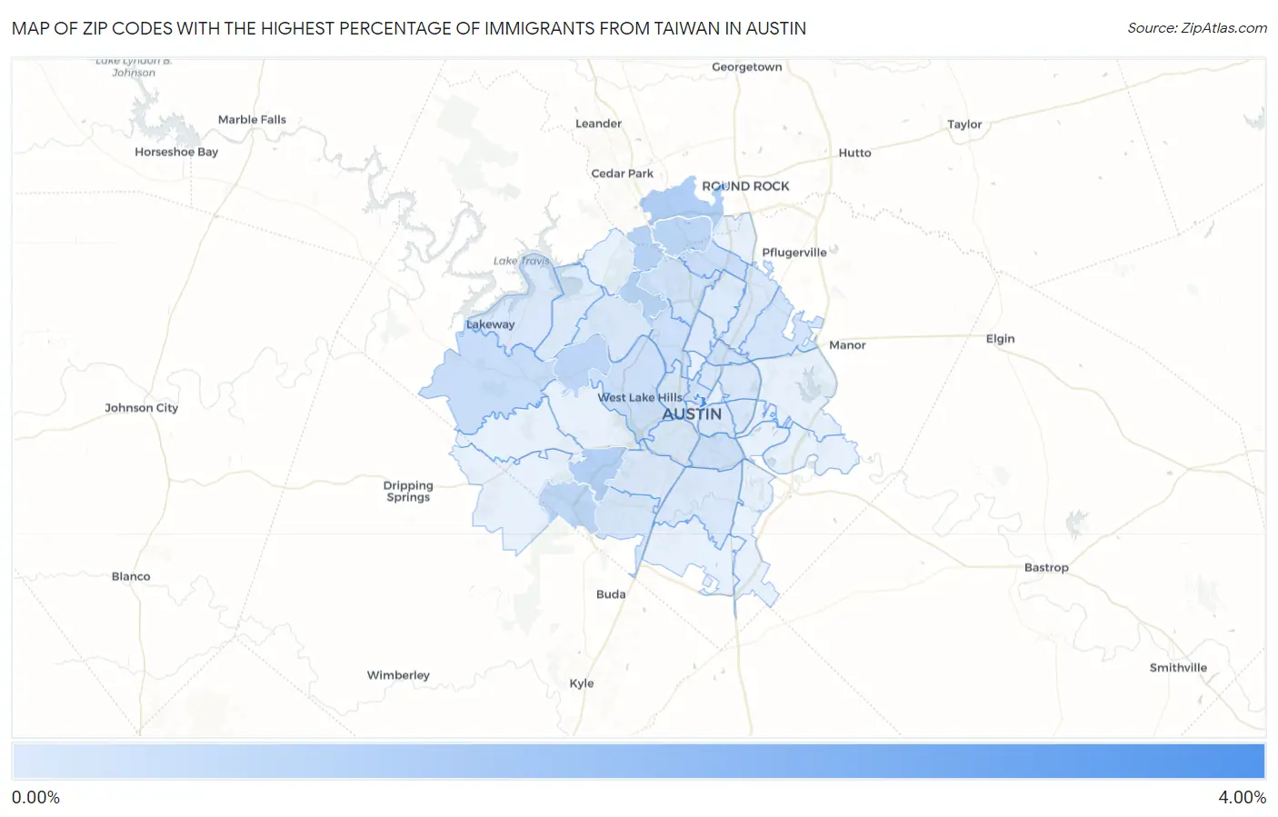 Zip Codes with the Highest Percentage of Immigrants from Taiwan in Austin Map