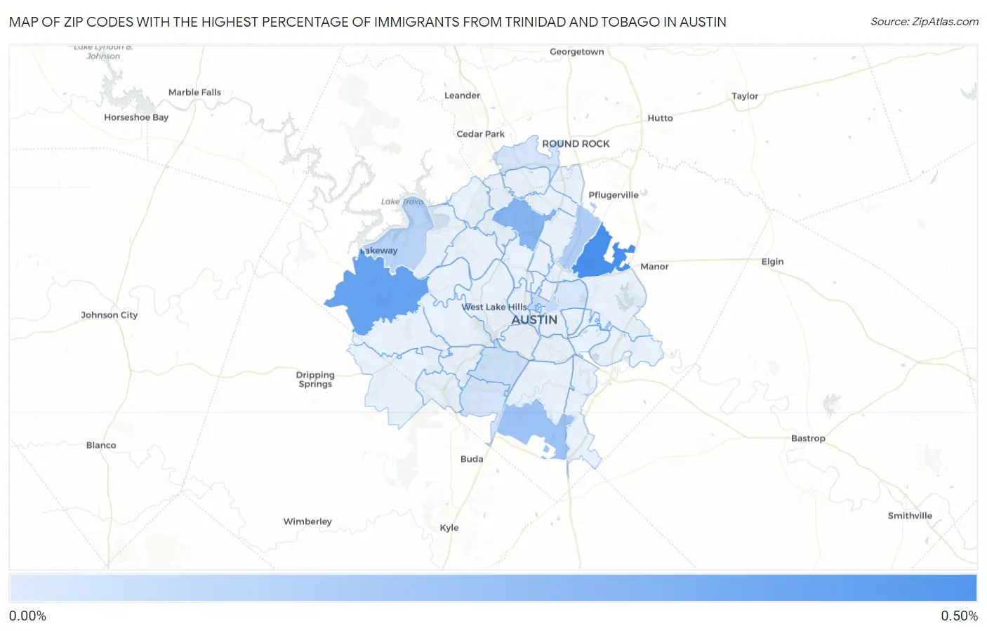 Zip Codes with the Highest Percentage of Immigrants from Trinidad and Tobago in Austin Map