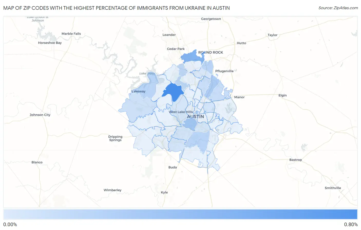 Zip Codes with the Highest Percentage of Immigrants from Ukraine in Austin Map
