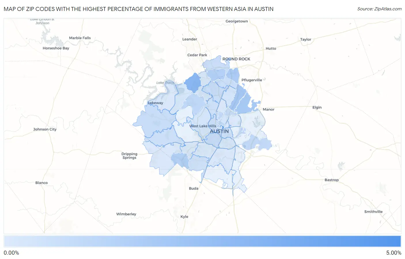 Zip Codes with the Highest Percentage of Immigrants from Western Asia in Austin Map