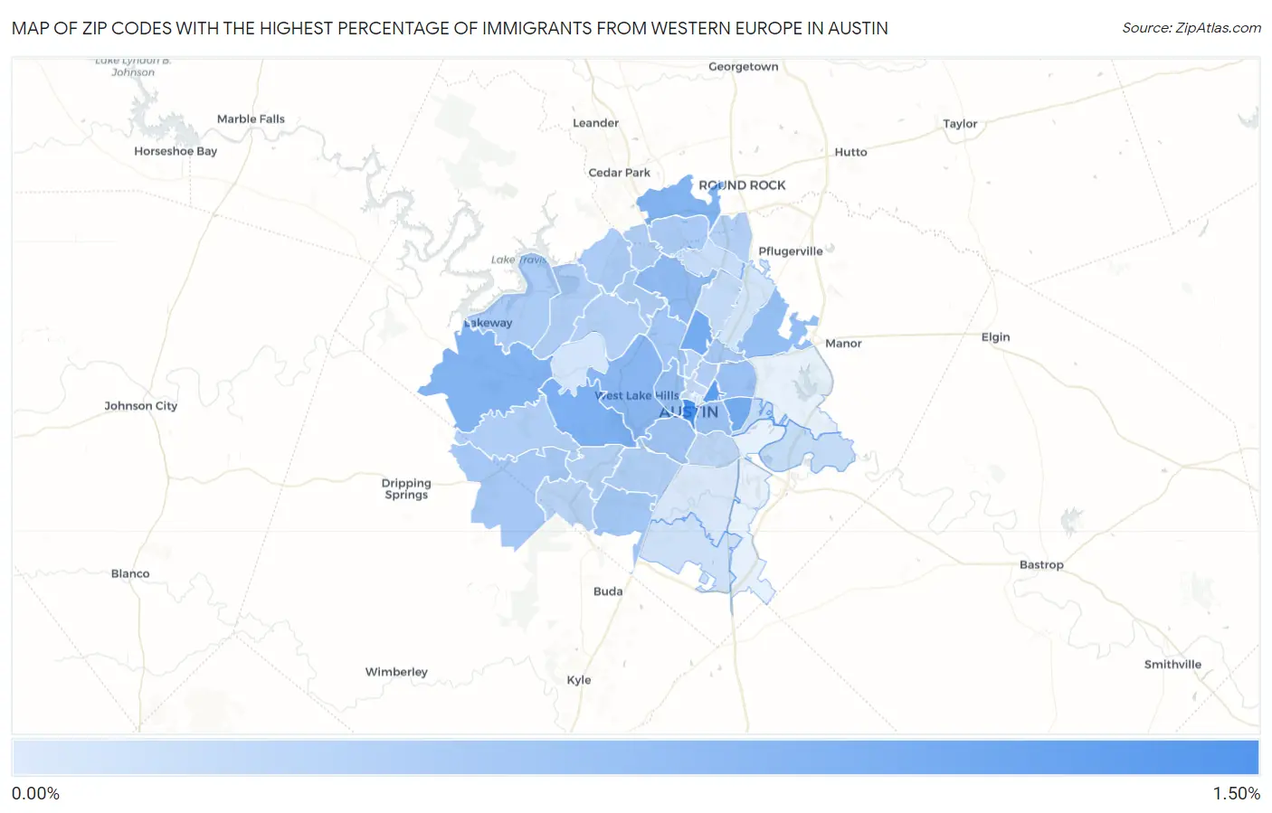 Zip Codes with the Highest Percentage of Immigrants from Western Europe in Austin Map