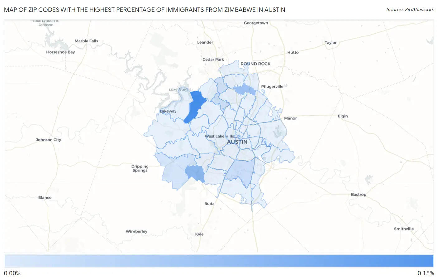 Zip Codes with the Highest Percentage of Immigrants from Zimbabwe in Austin Map