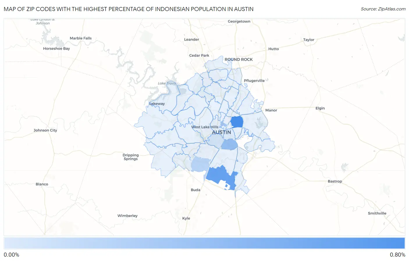 Zip Codes with the Highest Percentage of Indonesian Population in Austin Map