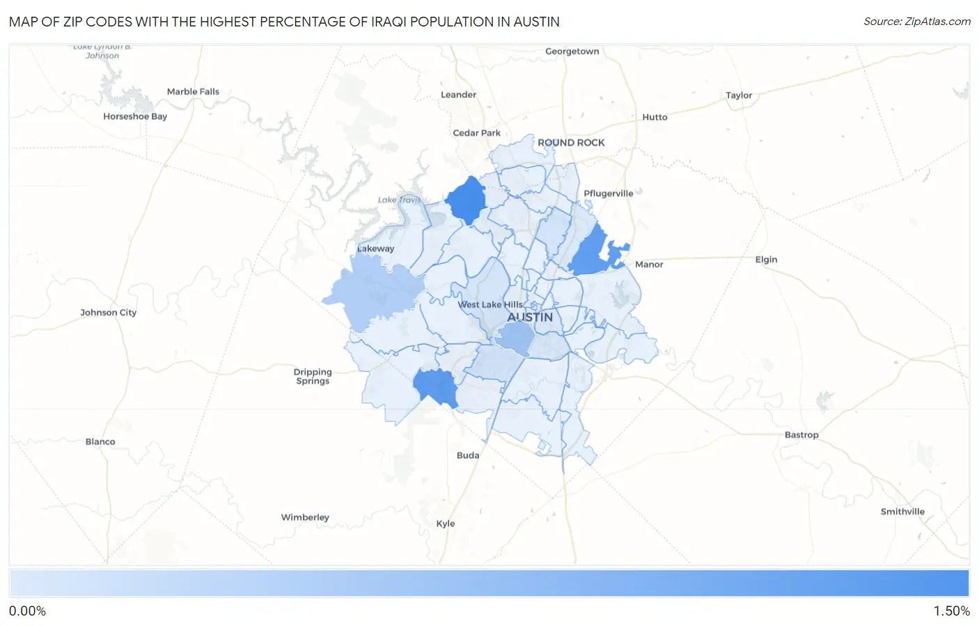 Zip Codes with the Highest Percentage of Iraqi Population in Austin Map