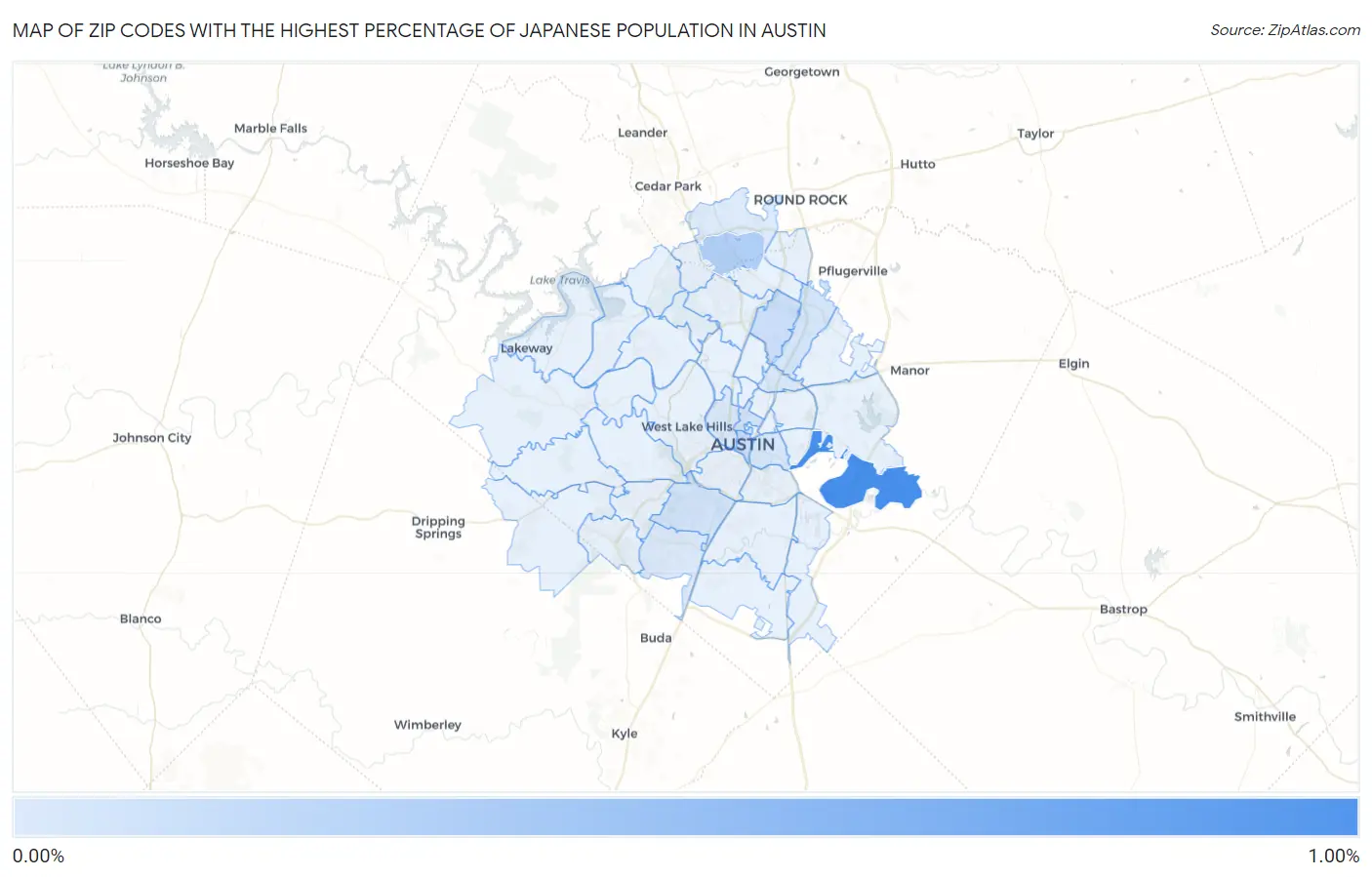 Zip Codes with the Highest Percentage of Japanese Population in Austin Map