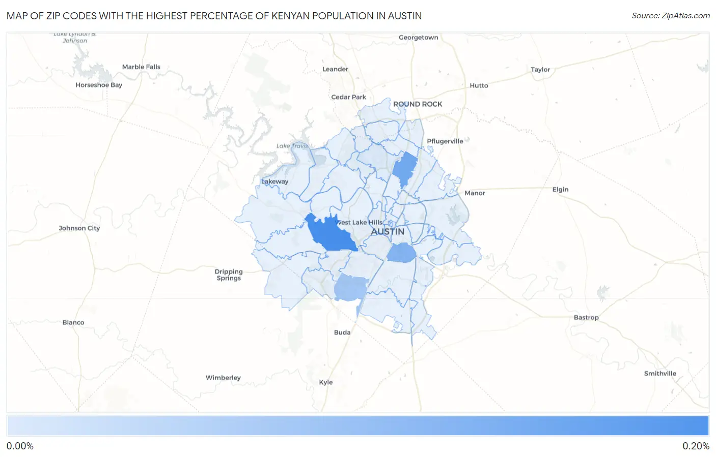 Zip Codes with the Highest Percentage of Kenyan Population in Austin Map