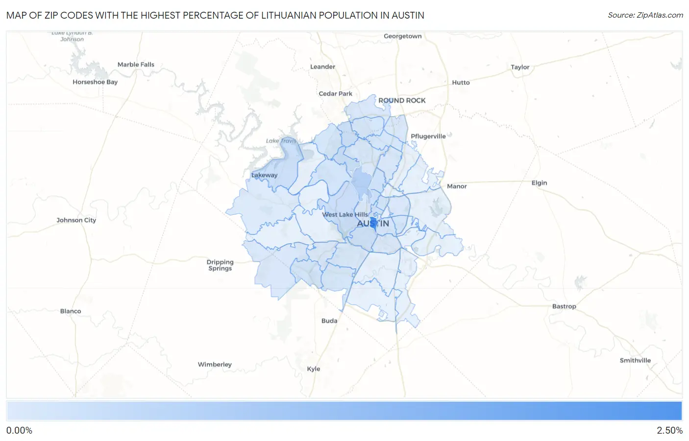 Zip Codes with the Highest Percentage of Lithuanian Population in Austin Map