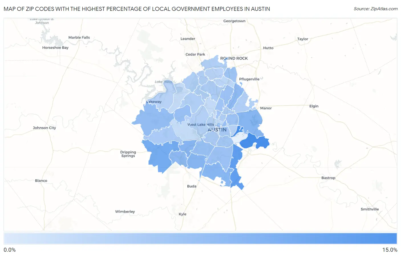 Zip Codes with the Highest Percentage of Local Government Employees in Austin Map